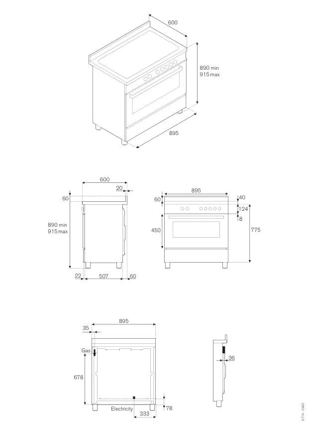 Bertazzoni PRO90 5I MFE S X T - Схема с размерами 
