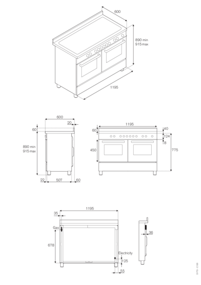 Bertazzoni MAS120 6G MFE D NE T - Схема с размерами 