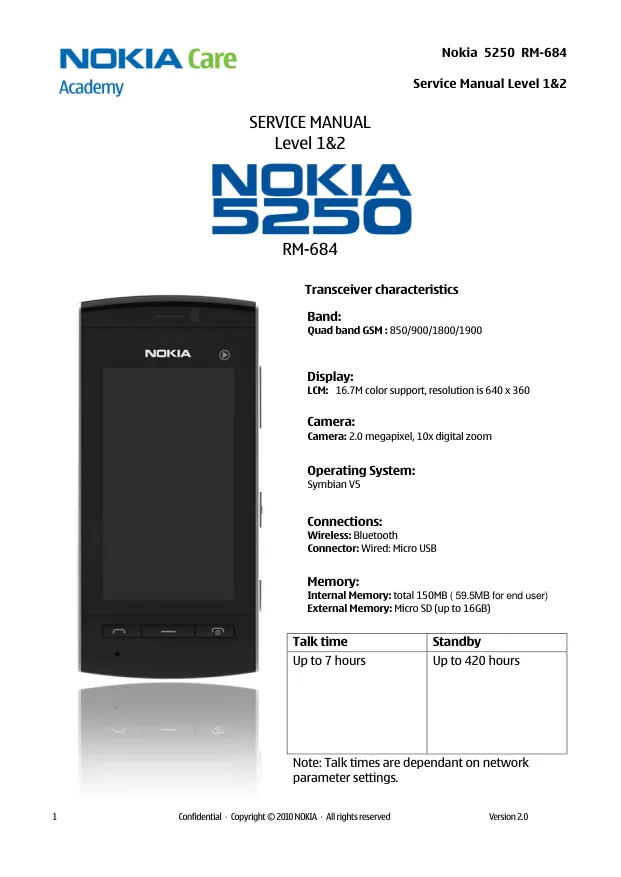 Nokia 5250 (RM-684) - Руководство по обслуживанию (уровень 1,2) v2.0, Service Manual, L1, L2