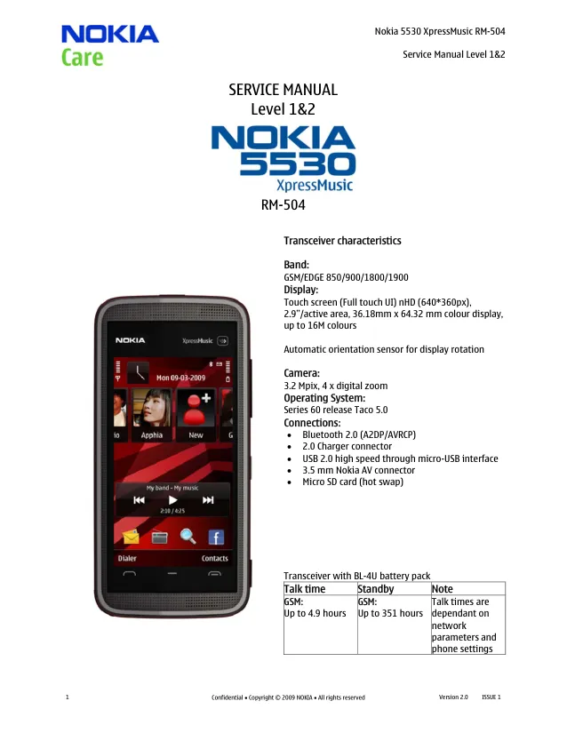 Nokia 5530 XpressMusic (RM-504) - Руководство по обслуживанию (уровень 1, 2) v2.0, Service manual, L1, L2