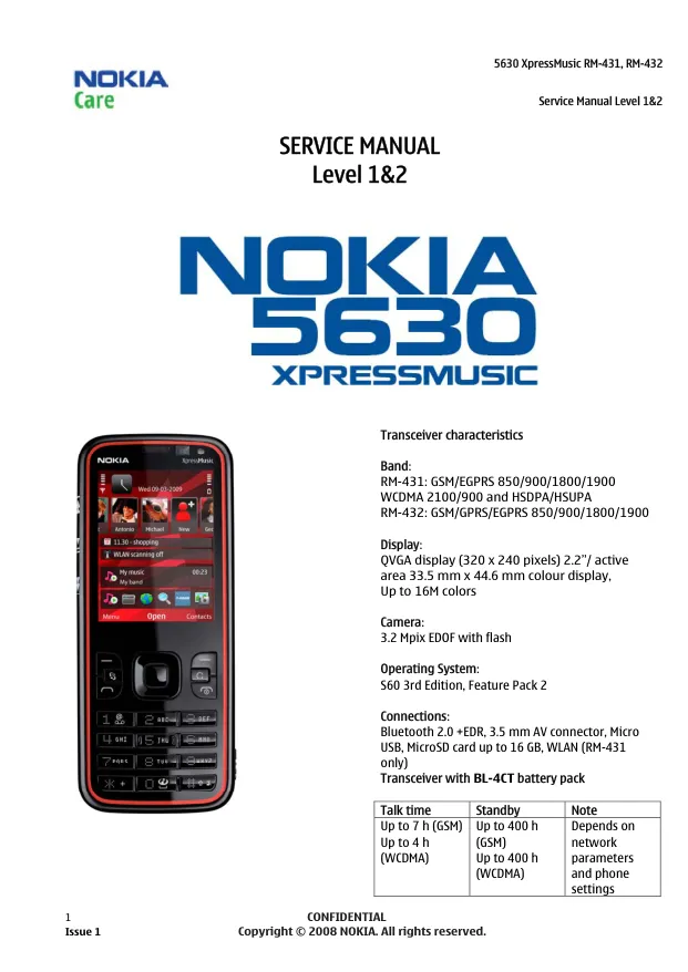 Nokia 5630 XpressMusic (RM-431, RM-432) - Руководство по обслуживанию (уровень 1, 2)   v1.0, Service manual, L1, L2