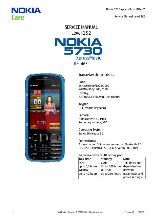 Nokia 5730 XpressMusic (RM-465) - Руководство по обслуживанию (уровень 1, 2) v1.0, Service manual, L1, L2