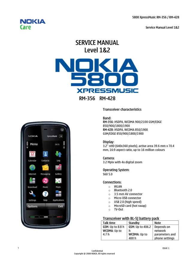 Nokia 5800 XpressMusic (RM-356, RM-428) - Руководство по обслуживанию (уровень 1, 2) v1.0, Service manual, L1, L2