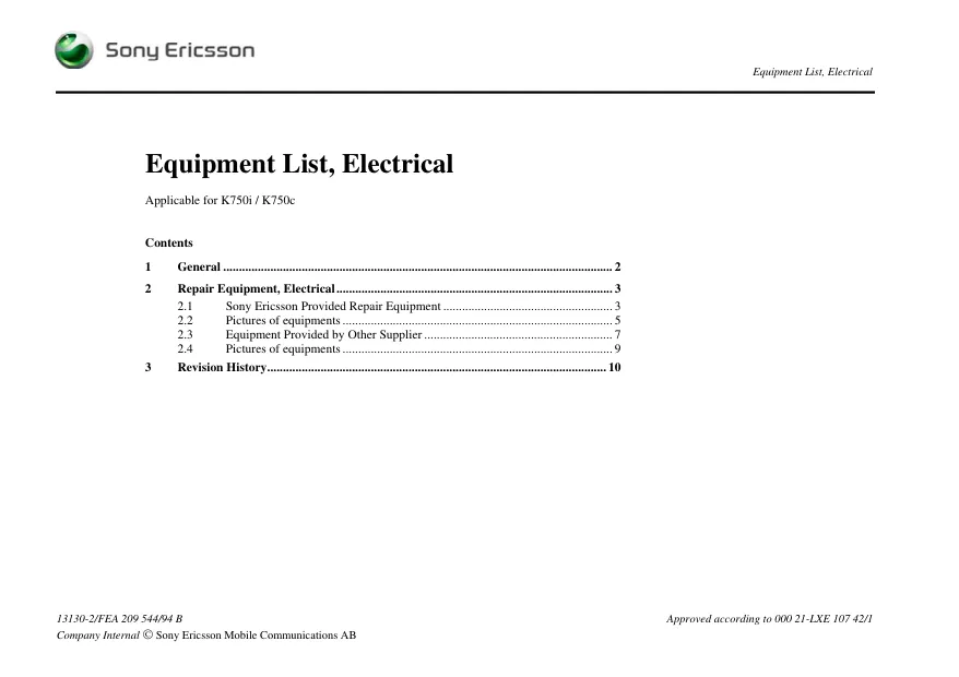 Sony Ericsson K750c, K750i - Перечень оборудования, электрика Electrical, Equipment List