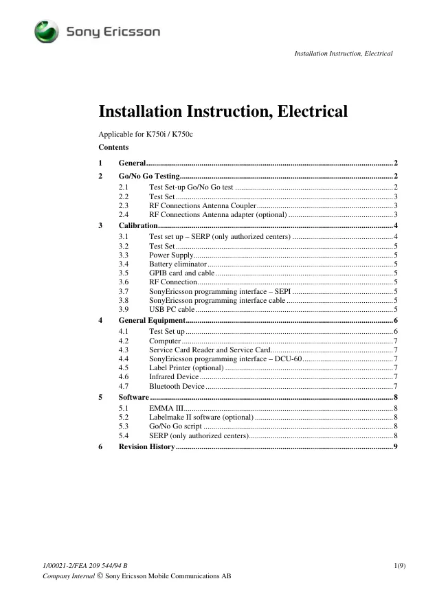 Sony Ericsson K750c, K750i - Инструкция по установке, электрика Electrical, Installation Instructions