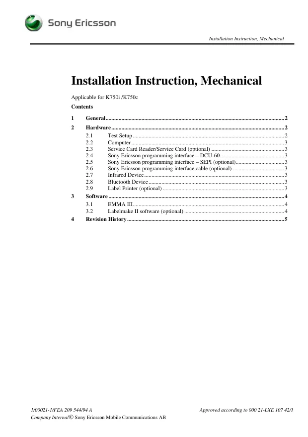 Sony Ericsson K750c, K750i - Инструкция по установке, механика  Mechanical, Installation Instructions