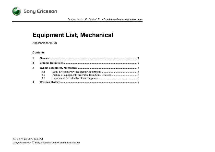 Sony Ericsson K770 - Перечень оборудования, механика Equipment List, Mechanical