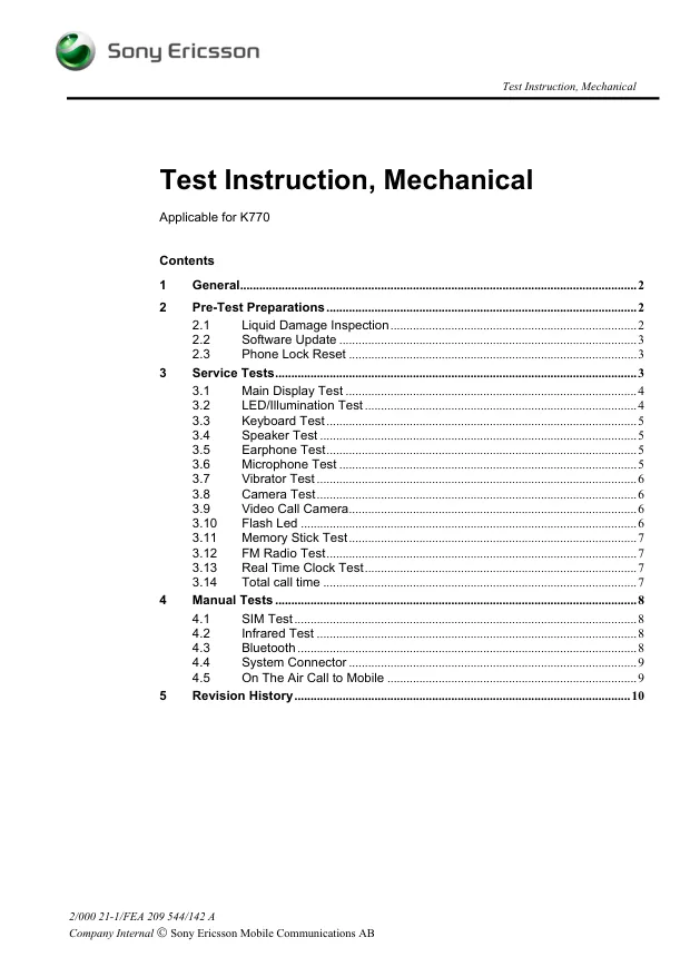 Sony Ericsson K770 - Инструкция по тестированию, механика Test Instruction, Mechanical