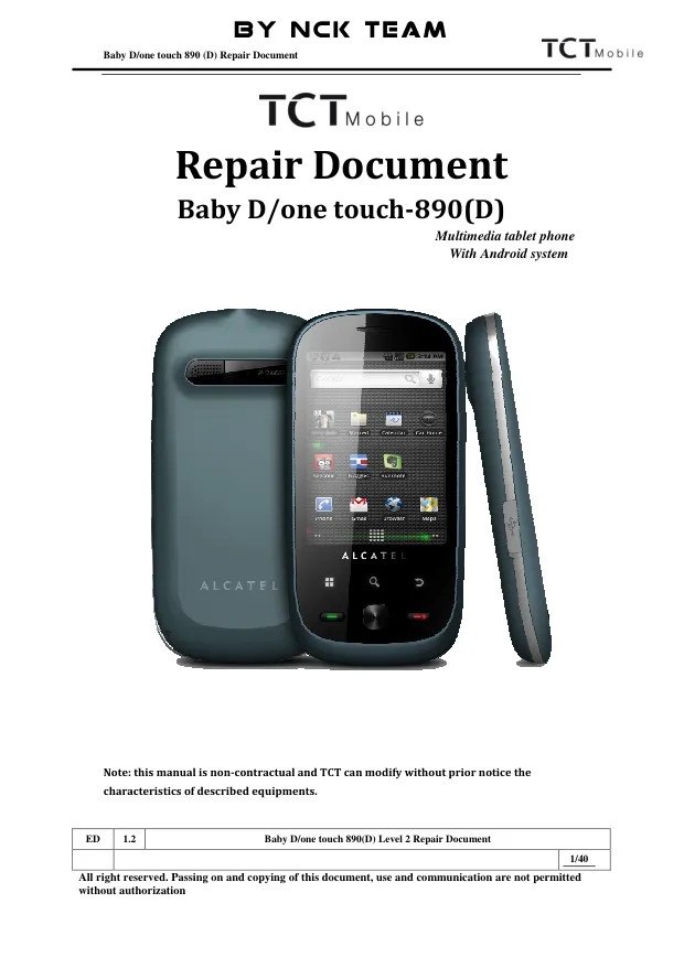 Alcatel OT 890D - Руководство по ремонту Baby D, ONE TOUCH-890 (D), Repair Document, Rev: 1.2