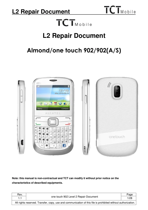 Alcatel OT902 - Руководство по ремонту Almond, one touch 902, 902(A/S), Repair Document L2, Rev: 1.1