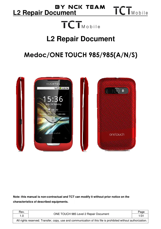 Alcatel OT985 - Руководство по ремонту Medoc, ONE TOUCH 985, 985(A/N/S), Repair Document L2, Rev: 1.0