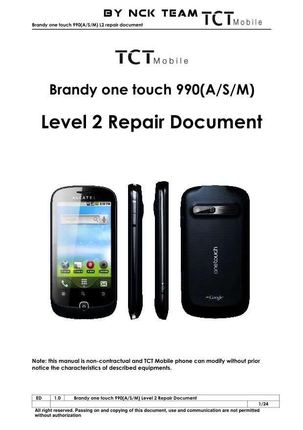 Alcatel OT990 - Руководство по ремонту Brandy, one touch 990(A/S/M), Repair Document L2, Rev: 1.0