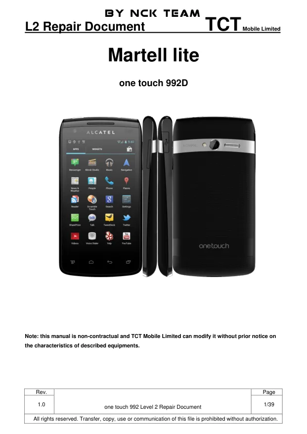 Alcatel OT992D - Руководство по ремонту Martell lite, one touch 992D, Repair Document L2, Rev: 1.0