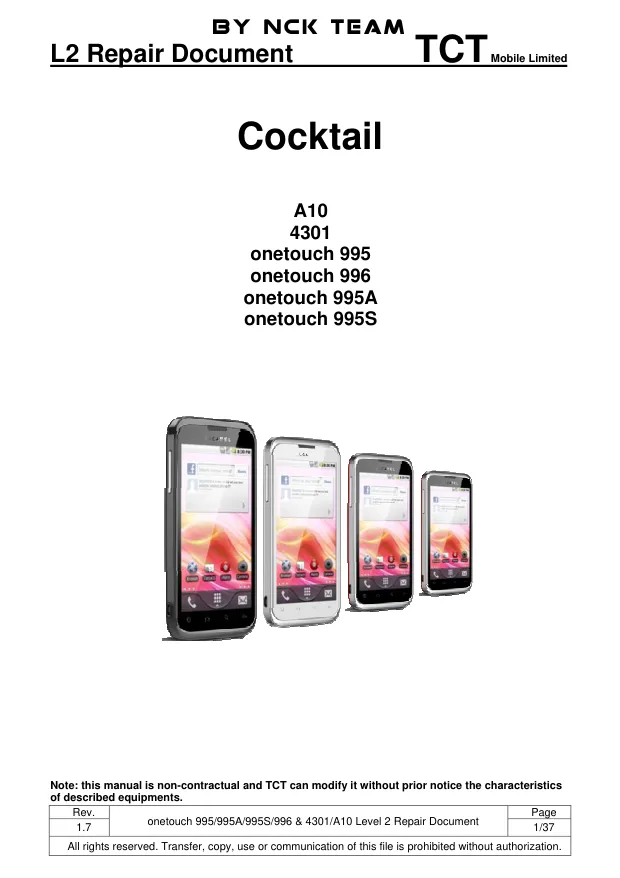 Alcatel OT995, OT996, OT4301, OTA10 - Руководство по ремонту Cocktail, A10, 4301, onetouch 995, onetouch 996, onetouch 995A, onetouch 995S, Repair Document L2, Rev: 1.7