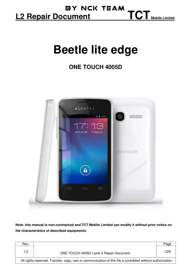 Alcatel OT4005D - Руководство по ремонту Beetle lite edge, ONE TOUCH 4005D, Repair Document L2, Rev: 1.2