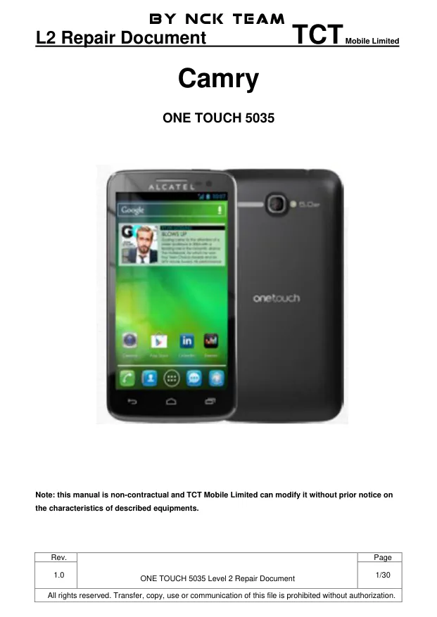 Alcatel OT5035 - Руководство по ремонту Camry, ONE TOUCH 5035, Repair Document L2, Rev: 1.0