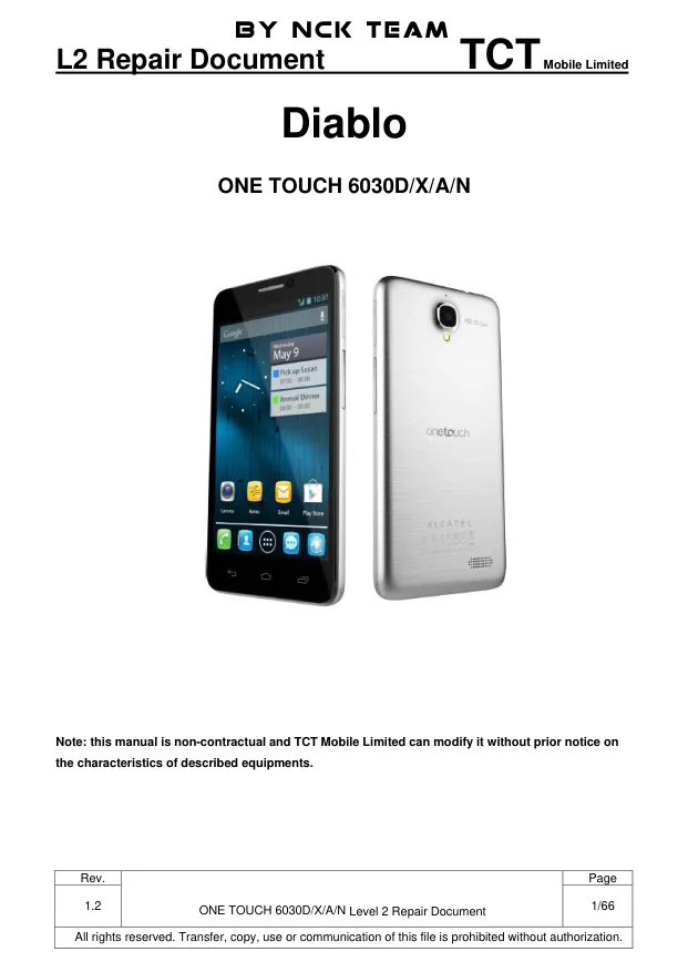 Alcatel OT6030 - Руководство по ремонту Diablo, ONE TOUCH 6030D/X/A/N, Repair Document L2, Rev: 1.0