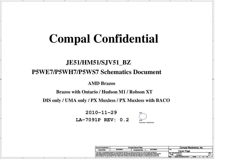 Compal LA-7091P - Схемы Rev: 0.2, JE51/HM51/SJV51_BZ, P5WE7/P5WH7/P5WS7, HM51/SJV51_BZ