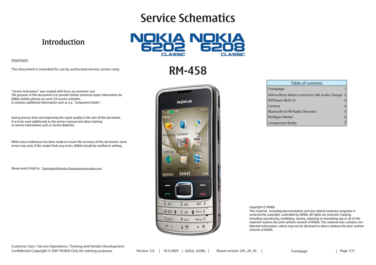 Nokia 6202/6208 classic (RM-458) - Схемы Version: 3.0, Board version: 2rh_20, 30, 6202c, 6208c