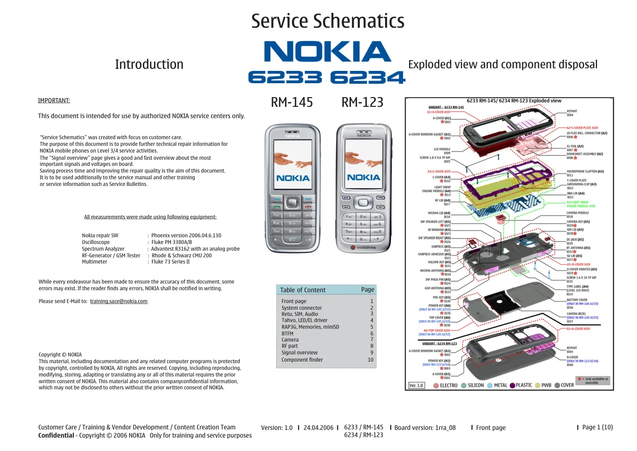 Nokia 6233/6234 (RM-145/RM-123) - Схемы Board version: 1rra_08, Version: 1.0