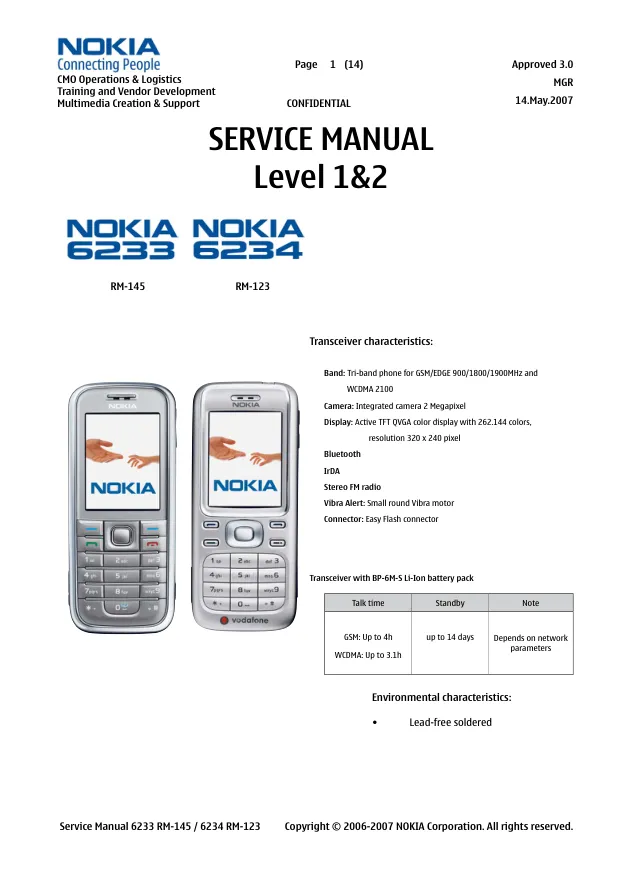 Nokia 6233/6234 (RM-145/RM-123) - Руководство по ремонту (Service manual Level 1&2) v3.0