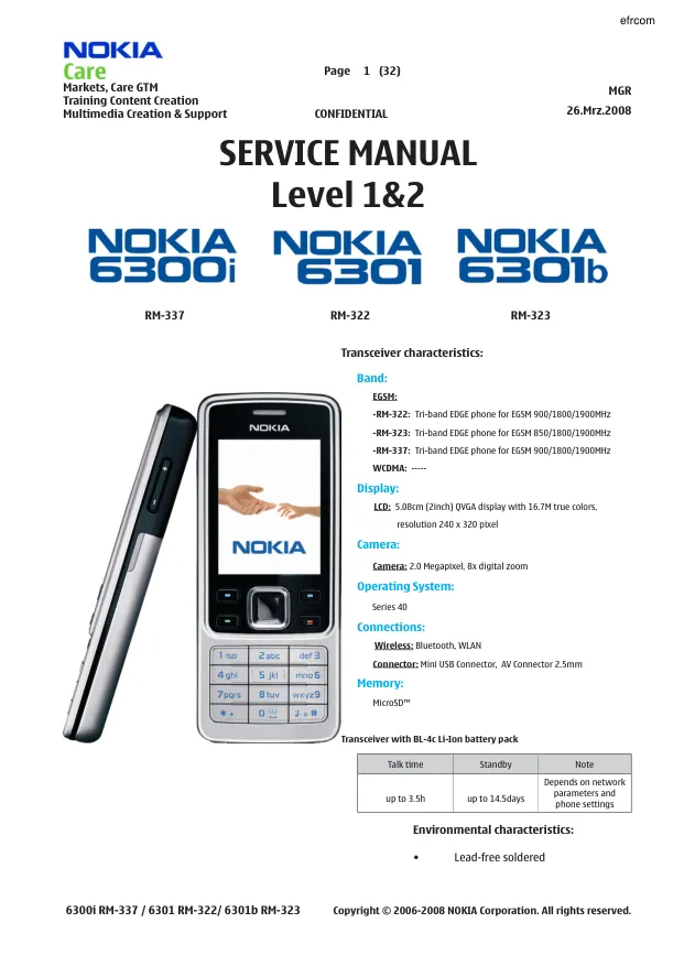 Nokia 6300i/6301/6301b (RM-337/RM-322/RM-323) - Руководство по обслуживанию (Service manual L1&L2) 