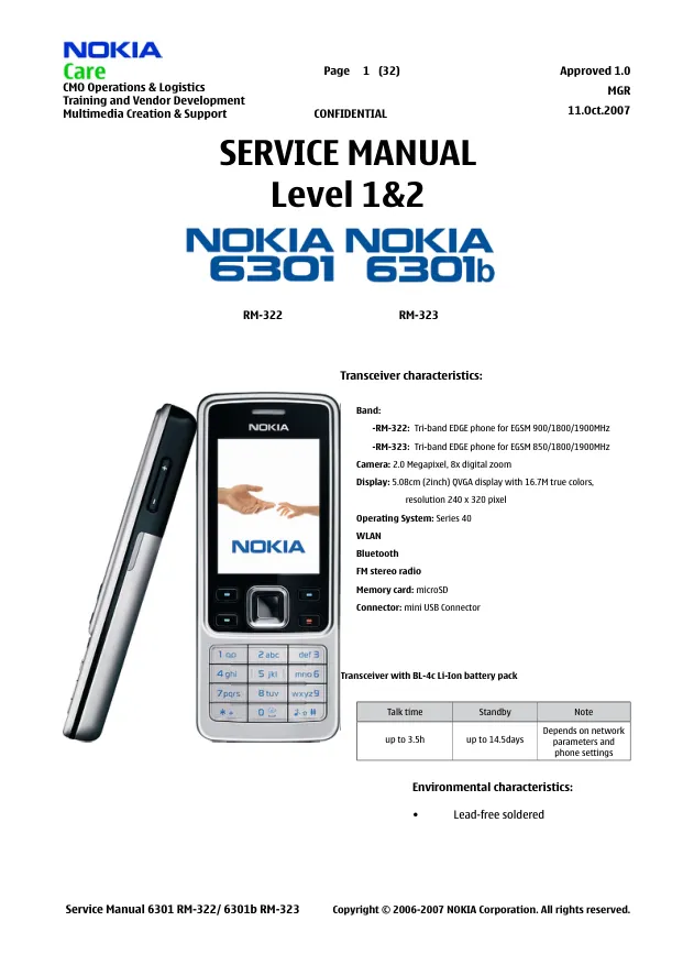 Nokia 6301/6301b (RM-322/RM-323) - Руководство по обслуживанию (Service manual L1&L2) 