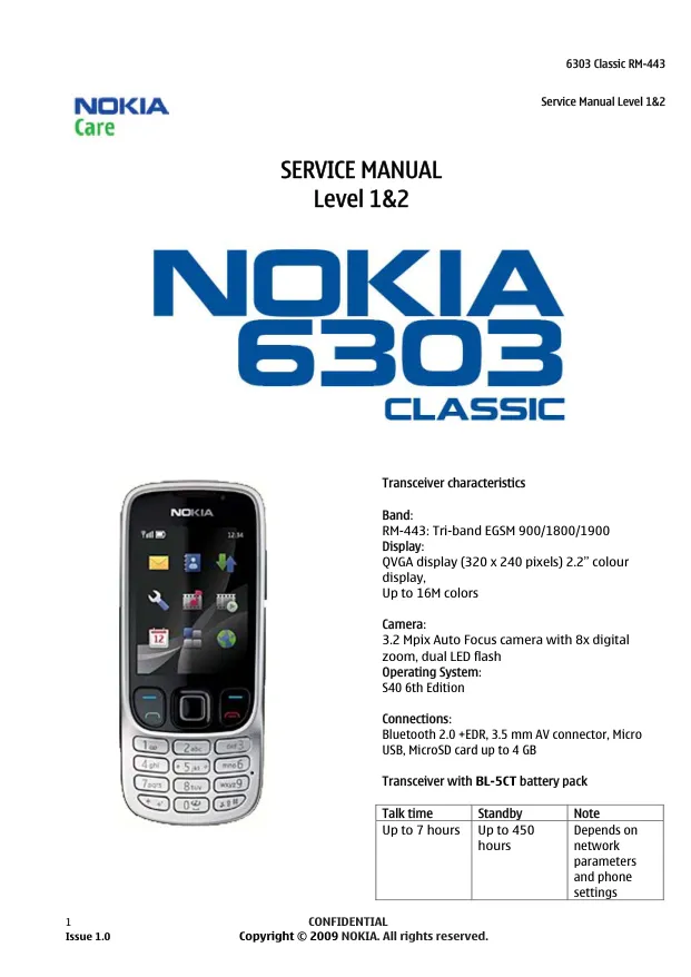 Nokia 6303 classic (RM-443) - Руководство по обслуживанию (Service manual L1&L2) v1.0