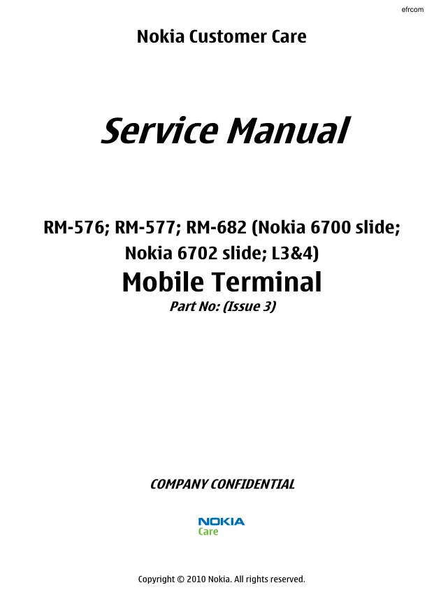 Nokia 6700/6702 slide (RM-576/RM-577/RM-682) - Руководство по обслуживанию (Service manual L3&L4)  version: 3.0 