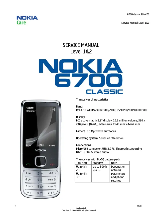 Nokia 6700 classic (RM-470) - Руководство по обслуживанию (Service manual L1&L2) v1.0