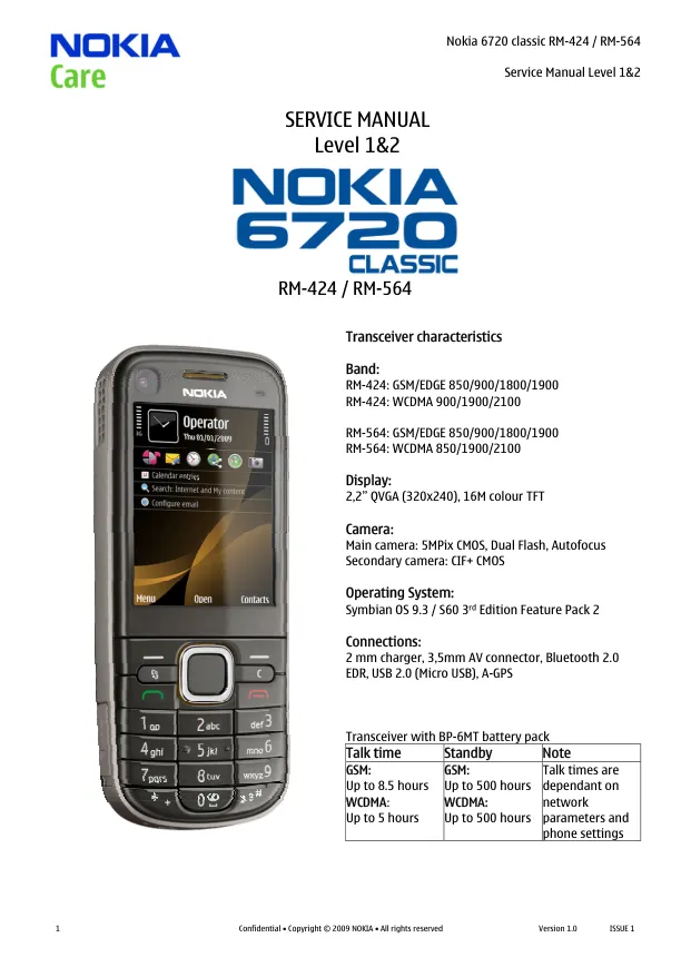 Nokia 6720 classic (RM-424/RM-564) - Руководство по обслуживанию (Service manual L1&L2)	   v1.0