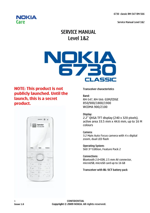 Nokia 6730 classic (RM-547/RM-566) - Руководство по обслуживанию (Service manual L1&L2) v1.0