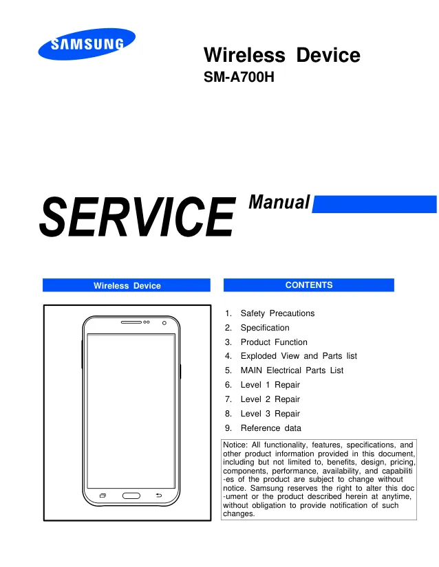 Samsung SM-A700H - Полное руководство по ремонту Service manual, Disassembly & Reassembly, Electrical Part List, Exploded View, Product Specification, Troubleshooting