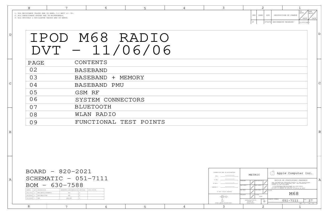 Apple iPhone 2G - Схема IPOD M68 RADIO, BOARD - 820-2021, SCHEMATIC - 051-7111, BOM - 630-7588, DVT