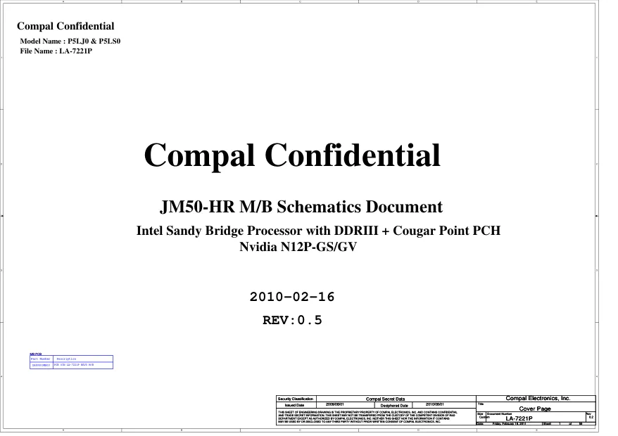 Compal LA-7221P - Схема P5LJ0, P5LS0, Rev: 0.5, Acer Aspire 5830TG