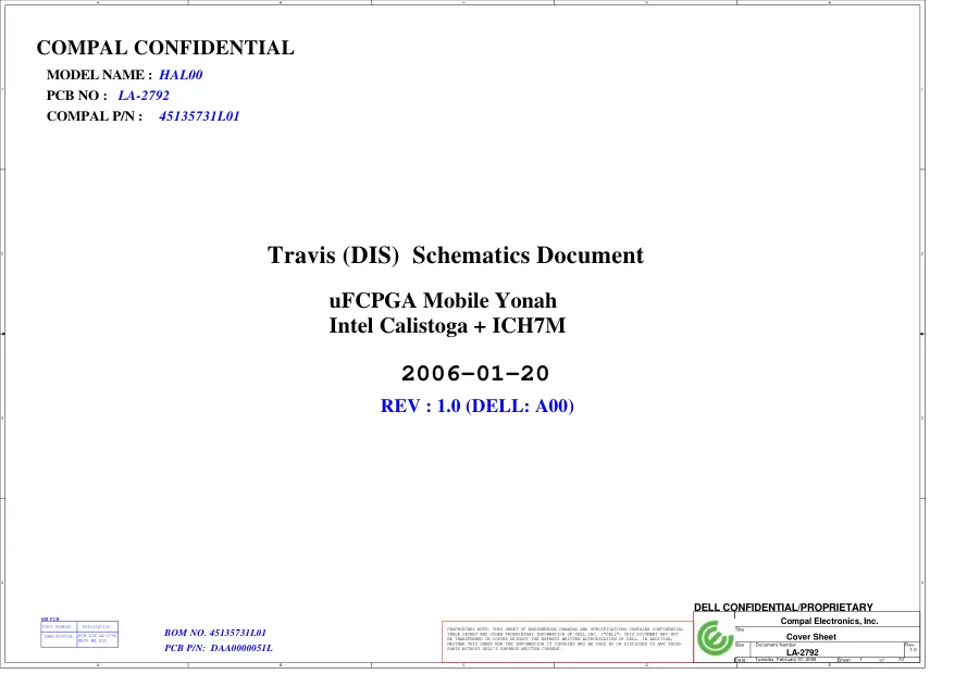 DELL D620 - Схема Compal  HAL00, LA-2792, 45135731L01, Travis (DIS), REV : 1.0 (DELL: A00)