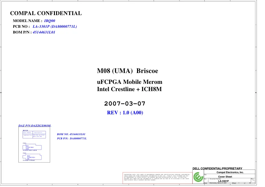 DELL D630 - Схема Compal IBQ00, LA-3301P (DA80000771L), 45144631L01, M08 (UMA) Briscoe, REV : 1.0 (A00)