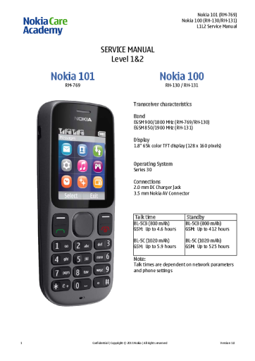 thumbnail of Nokia 100_101 RM-769 RH-130_131 Service Manual L1L2 v1[1].0